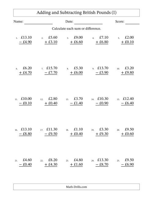 The Adding and Subtracting British Pounds With Amounts from 0.10 to 9.90 in Increments of Ten Pence (I) Math Worksheet