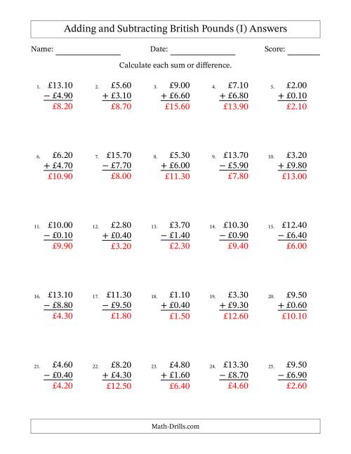 The Adding and Subtracting British Pounds With Amounts from 0.10 to 9.90 in Increments of Ten Pence (I) Math Worksheet Page 2