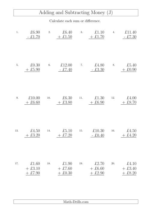The Adding and Subtracting Pounds with Amounts up to £10 in 10 Pence Increments (J) Math Worksheet