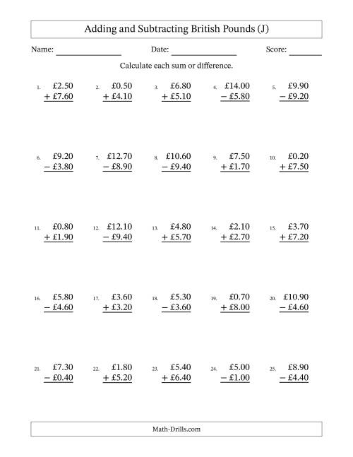 The Adding and Subtracting British Pounds With Amounts from 0.10 to 9.90 in Increments of Ten Pence (J) Math Worksheet