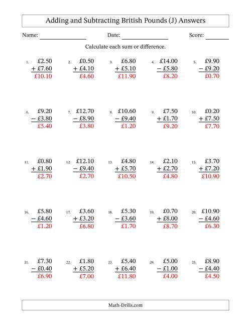 The Adding and Subtracting British Pounds With Amounts from 0.10 to 9.90 in Increments of Ten Pence (J) Math Worksheet Page 2