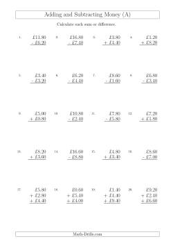 Adding and Subtracting Pounds with Amounts up to £10 in 20 Pence Increments