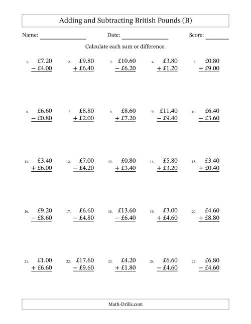 The Adding and Subtracting British Pounds With Amounts from 0.20 to 9.80 in Increments of Twenty Pence (B) Math Worksheet