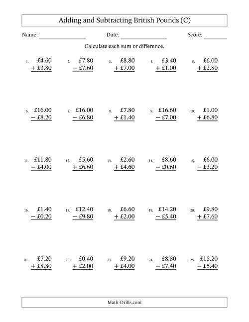 The Adding and Subtracting British Pounds With Amounts from 0.20 to 9.80 in Increments of Twenty Pence (C) Math Worksheet