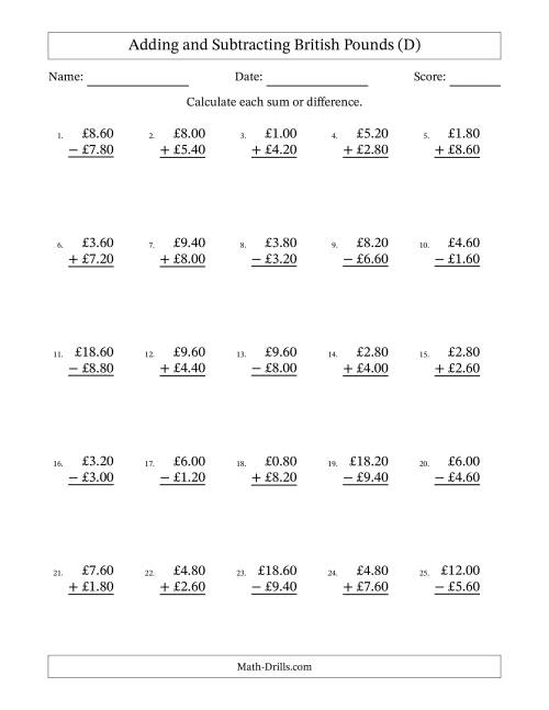 The Adding and Subtracting British Pounds With Amounts from 0.20 to 9.80 in Increments of Twenty Pence (D) Math Worksheet