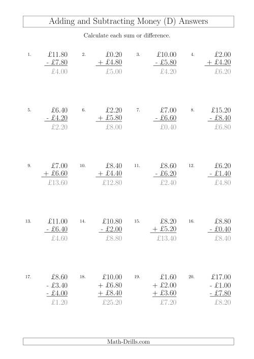 The Adding and Subtracting Pounds with Amounts up to £10 in 20 Pence Increments (D) Math Worksheet Page 2