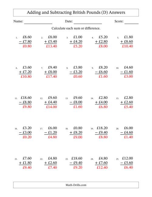 The Adding and Subtracting British Pounds With Amounts from 0.20 to 9.80 in Increments of Twenty Pence (D) Math Worksheet Page 2