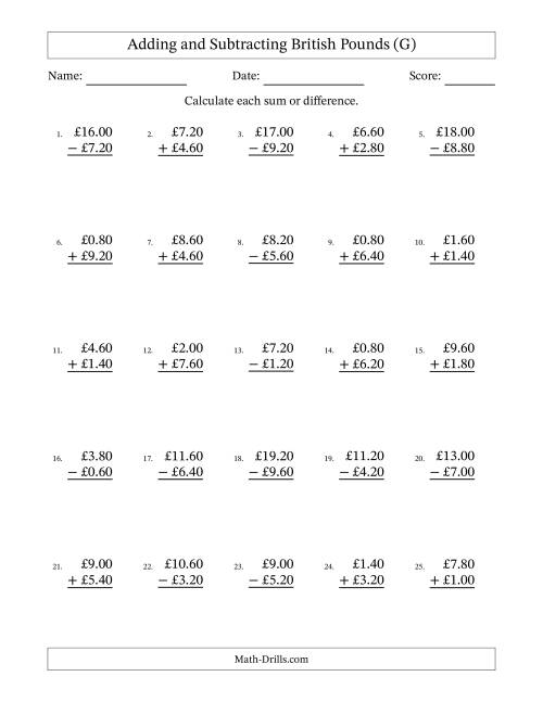 The Adding and Subtracting British Pounds With Amounts from 0.20 to 9.80 in Increments of Twenty Pence (G) Math Worksheet