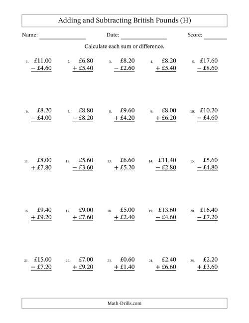 The Adding and Subtracting British Pounds With Amounts from 0.20 to 9.80 in Increments of Twenty Pence (H) Math Worksheet