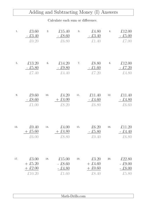 The Adding and Subtracting Pounds with Amounts up to £10 in 20 Pence Increments (I) Math Worksheet Page 2