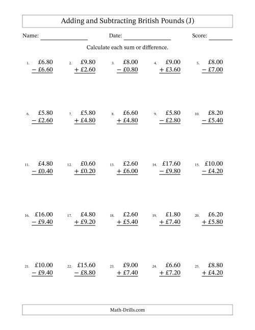 The Adding and Subtracting British Pounds With Amounts from 0.20 to 9.80 in Increments of Twenty Pence (J) Math Worksheet