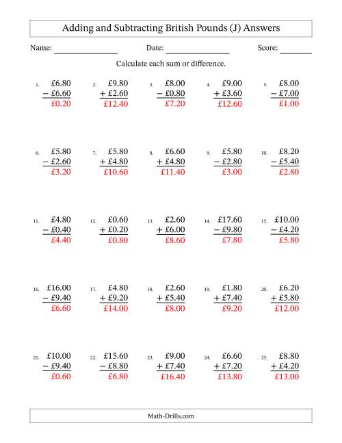 The Adding and Subtracting British Pounds With Amounts from 0.20 to 9.80 in Increments of Twenty Pence (J) Math Worksheet Page 2