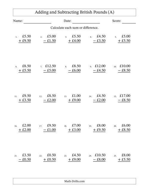 The Adding and Subtracting British Pounds With Amounts from 0.50 to 9.50 in Increments of Fifty Pence (A) Math Worksheet