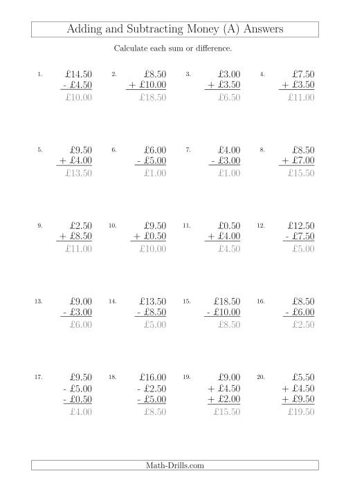 The Adding and Subtracting Pounds with Amounts up to £10 in 50 Pence Increments (A) Math Worksheet Page 2