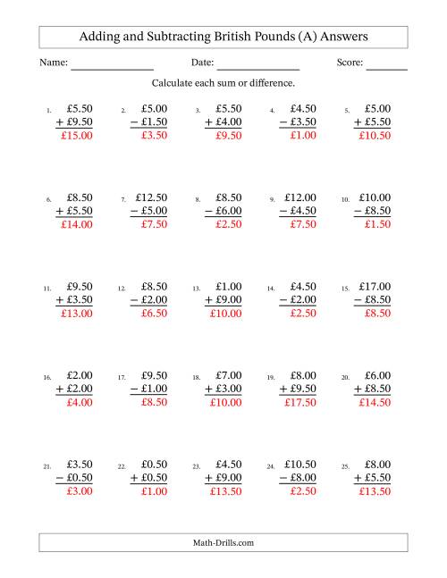 The Adding and Subtracting British Pounds With Amounts from 0.50 to 9.50 in Increments of Fifty Pence (A) Math Worksheet Page 2