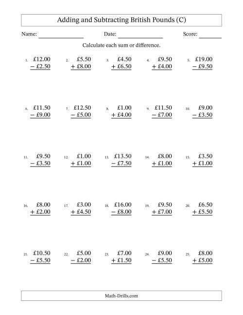 The Adding and Subtracting British Pounds With Amounts from 0.50 to 9.50 in Increments of Fifty Pence (C) Math Worksheet