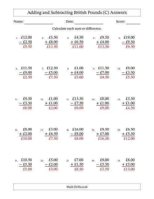 The Adding and Subtracting British Pounds With Amounts from 0.50 to 9.50 in Increments of Fifty Pence (C) Math Worksheet Page 2