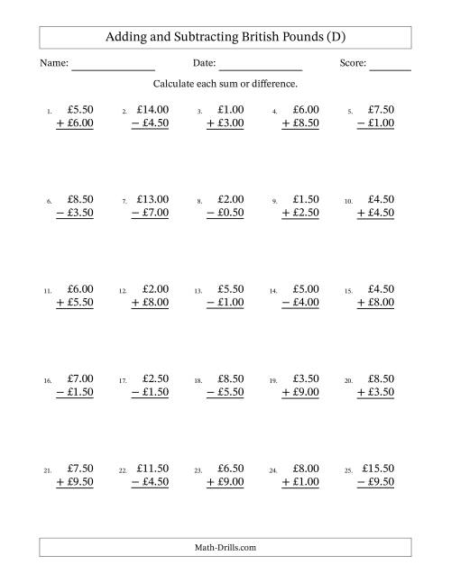 The Adding and Subtracting British Pounds With Amounts from 0.50 to 9.50 in Increments of Fifty Pence (D) Math Worksheet