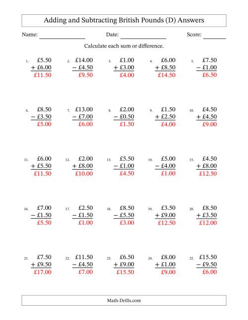 The Adding and Subtracting British Pounds With Amounts from 0.50 to 9.50 in Increments of Fifty Pence (D) Math Worksheet Page 2