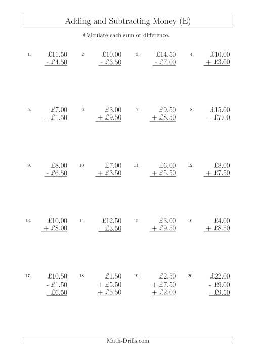 The Adding and Subtracting Pounds with Amounts up to £10 in 50 Pence Increments (E) Math Worksheet