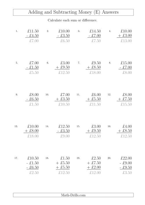 The Adding and Subtracting Pounds with Amounts up to £10 in 50 Pence Increments (E) Math Worksheet Page 2
