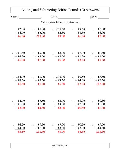 The Adding and Subtracting British Pounds With Amounts from 0.50 to 9.50 in Increments of Fifty Pence (E) Math Worksheet Page 2