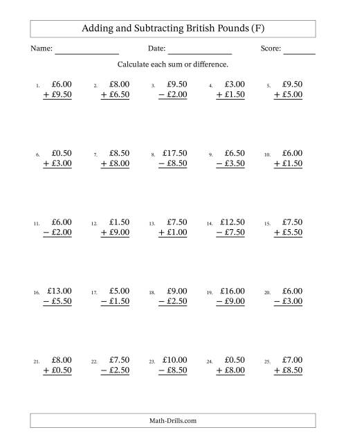 The Adding and Subtracting British Pounds With Amounts from 0.50 to 9.50 in Increments of Fifty Pence (F) Math Worksheet