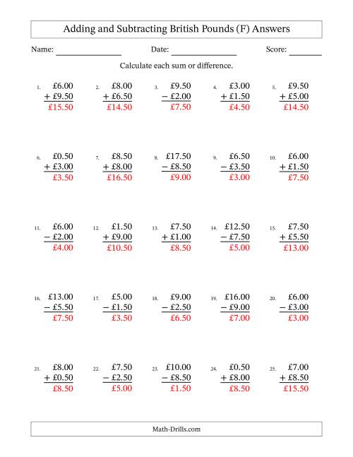 The Adding and Subtracting British Pounds With Amounts from 0.50 to 9.50 in Increments of Fifty Pence (F) Math Worksheet Page 2