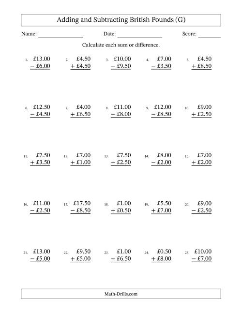 The Adding and Subtracting British Pounds With Amounts from 0.50 to 9.50 in Increments of Fifty Pence (G) Math Worksheet