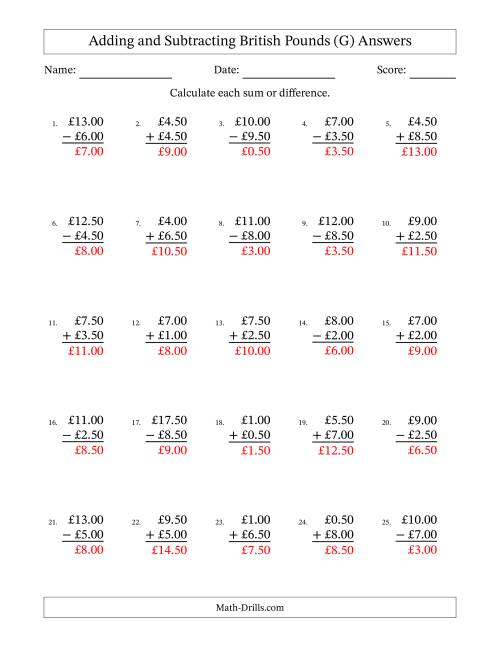 The Adding and Subtracting British Pounds With Amounts from 0.50 to 9.50 in Increments of Fifty Pence (G) Math Worksheet Page 2