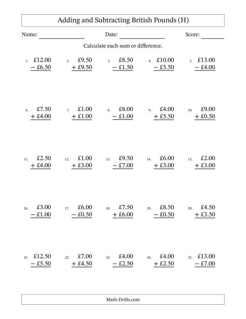 The Adding and Subtracting British Pounds With Amounts from 0.50 to 9.50 in Increments of Fifty Pence (H) Math Worksheet