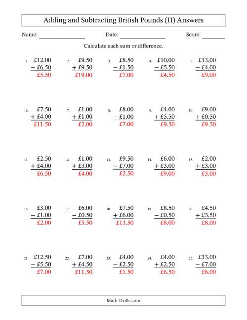 The Adding and Subtracting British Pounds With Amounts from 0.50 to 9.50 in Increments of Fifty Pence (H) Math Worksheet Page 2