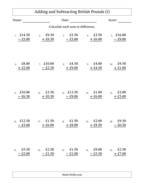 The Adding and Subtracting British Pounds With Amounts from 0.50 to 9.50 in Increments of Fifty Pence (I) Math Worksheet