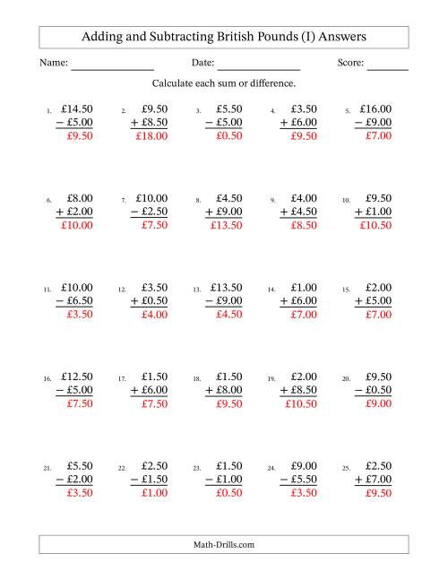 The Adding and Subtracting British Pounds With Amounts from 0.50 to 9.50 in Increments of Fifty Pence (I) Math Worksheet Page 2