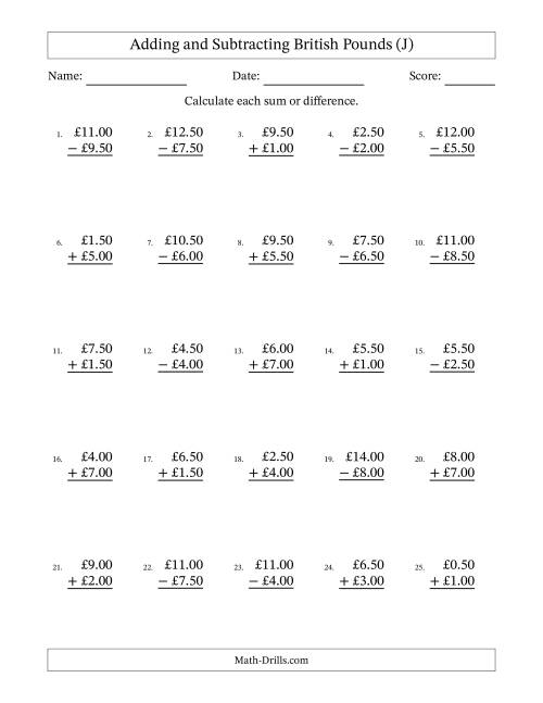 The Adding and Subtracting British Pounds With Amounts from 0.50 to 9.50 in Increments of Fifty Pence (J) Math Worksheet