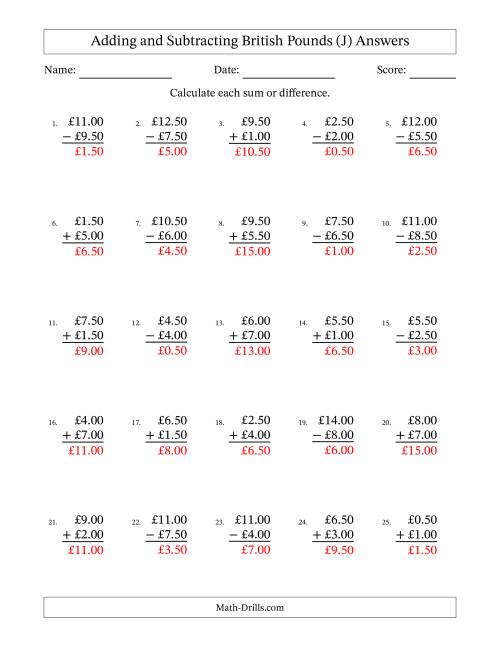 The Adding and Subtracting British Pounds With Amounts from 0.50 to 9.50 in Increments of Fifty Pence (J) Math Worksheet Page 2