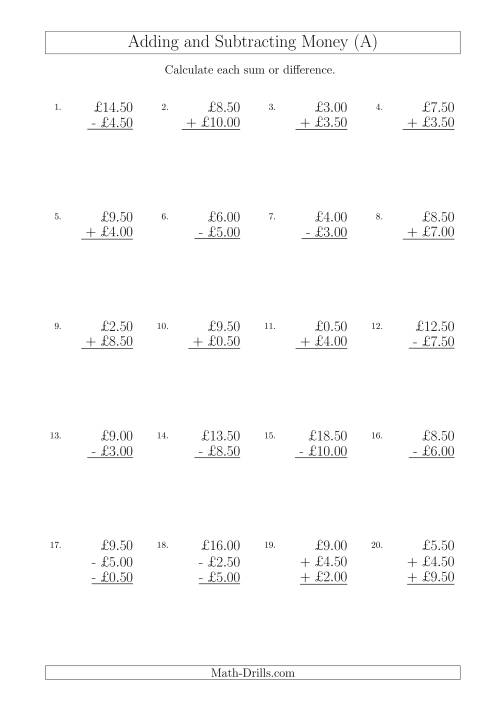 The Adding and Subtracting Pounds with Amounts up to £10 in 50 Pence Increments (All) Math Worksheet