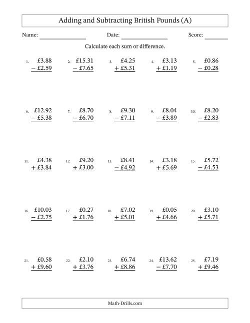 The Adding and Subtracting British Pounds With Amounts from 0.01 to 9.99 in Increments of One Pence (A) Math Worksheet