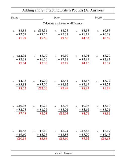 The Adding and Subtracting British Pounds With Amounts from 0.01 to 9.99 in Increments of One Pence (A) Math Worksheet Page 2