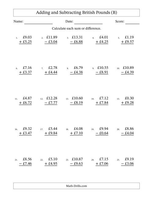 The Adding and Subtracting British Pounds With Amounts from 0.01 to 9.99 in Increments of One Pence (B) Math Worksheet