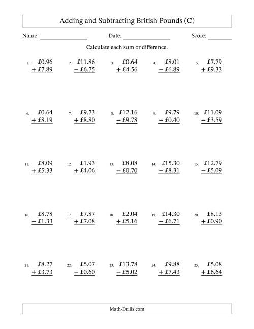 The Adding and Subtracting British Pounds With Amounts from 0.01 to 9.99 in Increments of One Pence (C) Math Worksheet