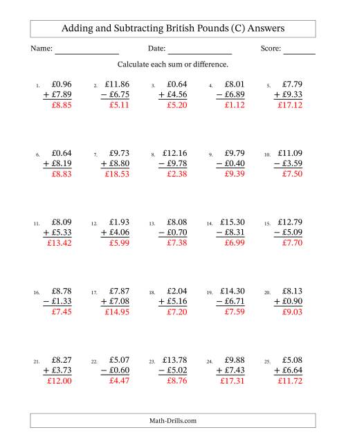 The Adding and Subtracting British Pounds With Amounts from 0.01 to 9.99 in Increments of One Pence (C) Math Worksheet Page 2