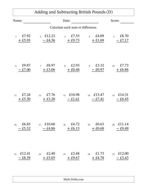 The Adding and Subtracting British Pounds With Amounts from 0.01 to 9.99 in Increments of One Pence (D) Math Worksheet