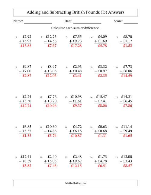 The Adding and Subtracting British Pounds With Amounts from 0.01 to 9.99 in Increments of One Pence (D) Math Worksheet Page 2