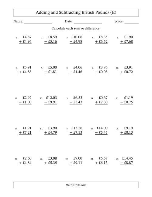 The Adding and Subtracting British Pounds With Amounts from 0.01 to 9.99 in Increments of One Pence (E) Math Worksheet