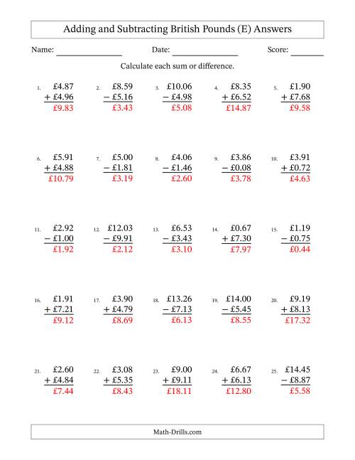 The Adding and Subtracting British Pounds With Amounts from 0.01 to 9.99 in Increments of One Pence (E) Math Worksheet Page 2