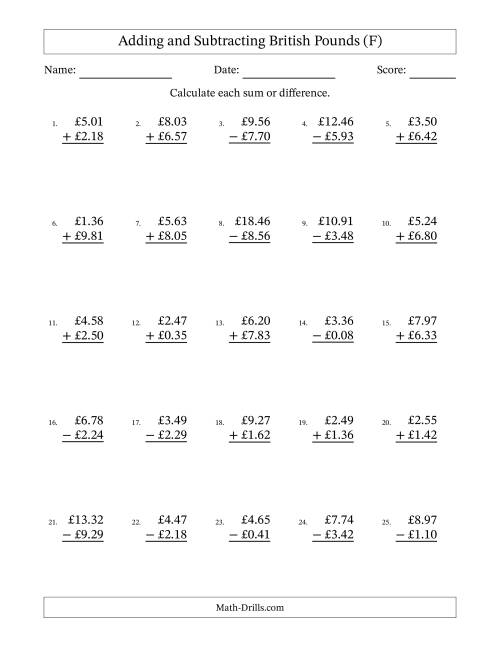 The Adding and Subtracting British Pounds With Amounts from 0.01 to 9.99 in Increments of One Pence (F) Math Worksheet