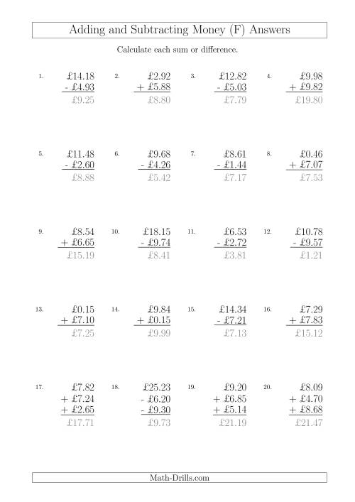 The Adding and Subtracting Pounds with Amounts up to £10 (F) Math Worksheet Page 2