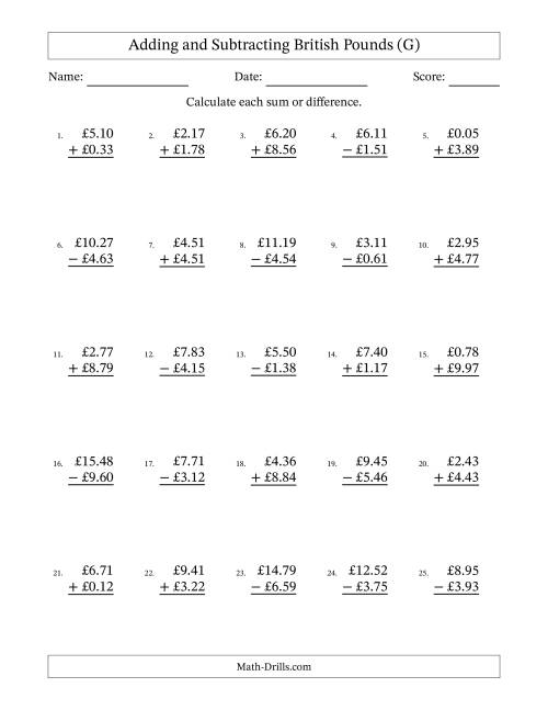 The Adding and Subtracting British Pounds With Amounts from 0.01 to 9.99 in Increments of One Pence (G) Math Worksheet