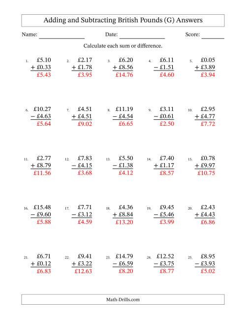 The Adding and Subtracting British Pounds With Amounts from 0.01 to 9.99 in Increments of One Pence (G) Math Worksheet Page 2